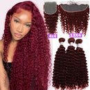 #99J Deep Wave Bundles With Closure Brazilian Raw Hair Colored 99J Burg Human Hair 3/4 Bundles With Closure And Frontal Raw Hair
