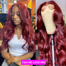 34 Inch Red Lace Front Wig Human Hair, Soft Hair Natural Hairline, 200 Density Pre Plucked 13x4 HD Lace Front Body Wave Wigs For
