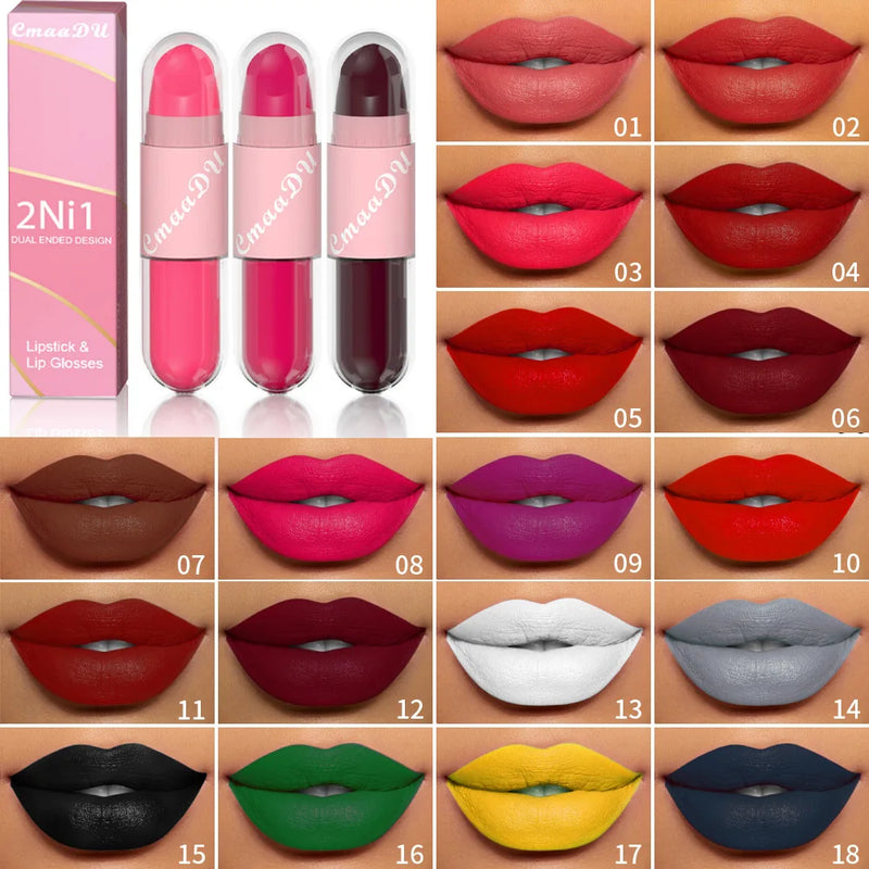 18 Colors 2 in 1 Matte Lipstick Liquid Purple Lip Glaze Double Head Lip Makeup Lasting Waterproof Velvet Sexy Dark Red Lipsticks