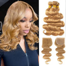 #27 Honey Brown Body Wave Bundles With Closure Colored Human Hair Bundles With Closure Brazilian Hair Weave 3/4 Bundles And Fron