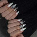 24Pcs Black Y2k Fake Nails with Diamond Halloween Long Almond False Nail Butterfly Design Wearable Oval Press on Nails Tips