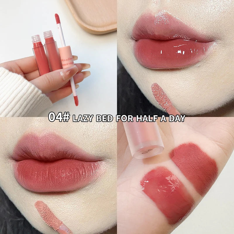 Double End Lip Glaze Full Gloss Mirror And Matte Velvet Long Term Color And Moisture Lip Gloss Anti Stain Cosmetic Lip Glaze