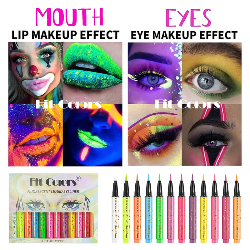 Fit Colors 12pcs/set colorful liquid UV waterproof Fluorescent Eyeliner Face Body Paint Pen long-lasting easy to remove