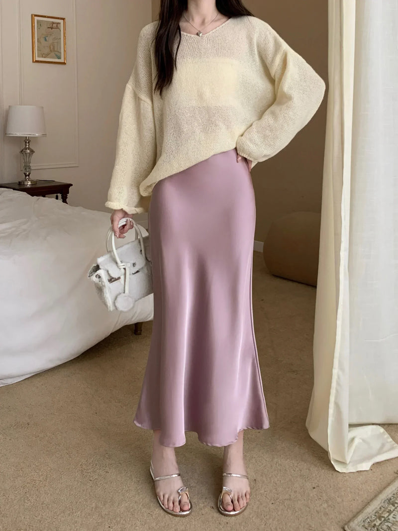 Women's Long Skirt Spring Summer Satin Silk A-line Skirt High Waist Ladies Korean Fashion Solid Pink Fishtail Skirts for Women