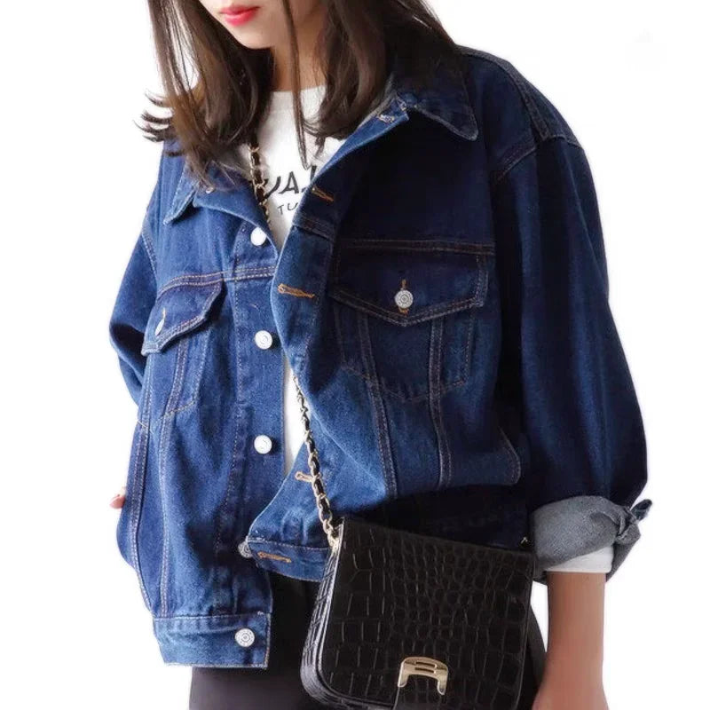 Autumn Korean Denim Coat for Women Loose BF Style Short Coats Style Casual Turndown Collar Cotton Blue Jean Jacket for Women