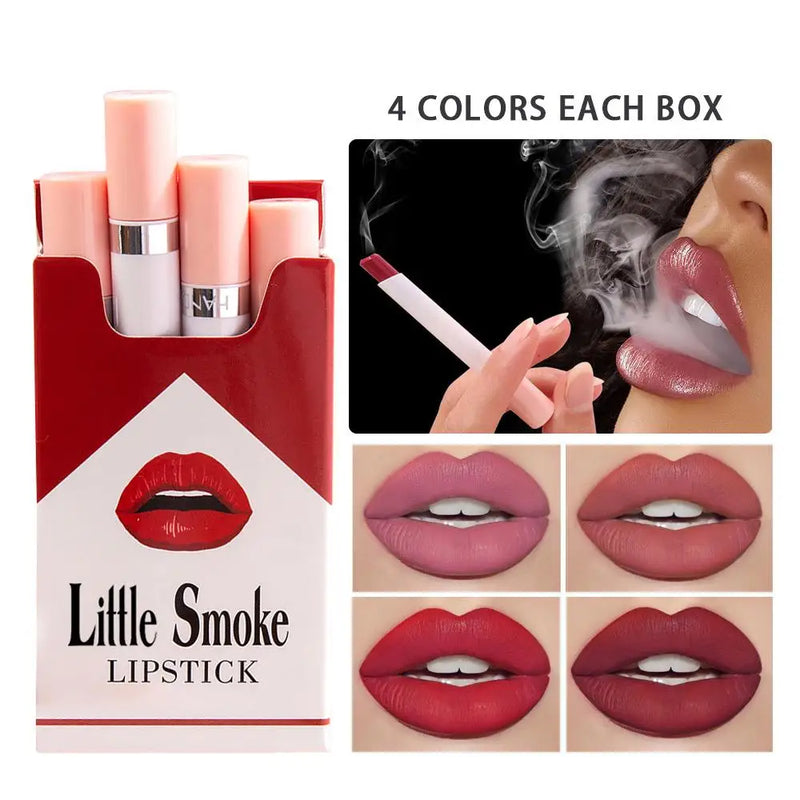 4 Matte Lipstick Kit Cigarette Smoke Tube Lip Gloss Long Lasting Waterproof Nude Red Lip 24 Hour Lip Tint Stain