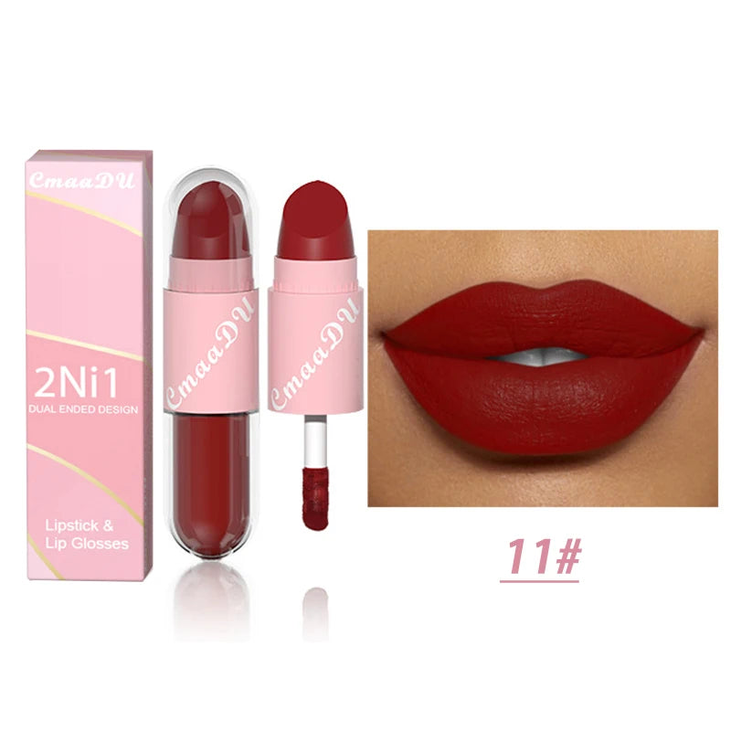 18 Colors 2 in 1 Matte Lipstick Liquid Purple Lip Glaze Double Head Lip Makeup Lasting Waterproof Velvet Sexy Dark Red Lipsticks