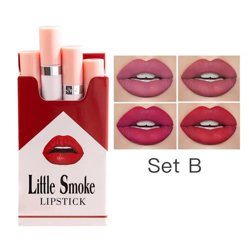 4 Matte Lipstick Kit Cigarette Smoke Tube Lip Gloss Long Lasting Waterproof Nude Red Lip 24 Hour Lip Tint Stain