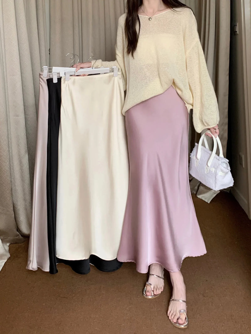 Women's Long Skirt Spring Summer Satin Silk A-line Skirt High Waist Ladies Korean Fashion Solid Pink Fishtail Skirts for Women