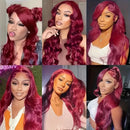 99J Burgundy Pre Impregnated Lace Women's Front Hair 250% Density 13x4 Body Wave HD Transparent Lace Front Wig For Women
