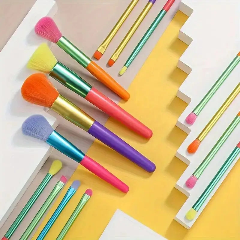 15 PCs Rainbow Color High Quality Makeup Brush Set - Perfect for Eyeshadow, Foundation, and Cosmetic Tools