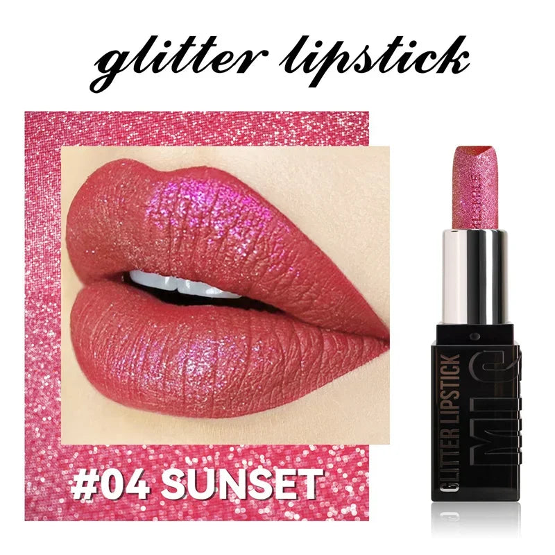 6 Color Glitter Lipstick Flash Lasting Easy Color Diamond Lipstick Waterproof Moisturizing Metallic Pearlescent Sexy Lips Makeup