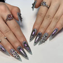 24Pcs Black Y2k Fake Nails with Diamond Halloween Long Almond False Nail Butterfly Design Wearable Oval Press on Nails Tips
