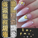 12Grids Ocean Gold Nail Art Charms Shell/Seahorse/Starfish White Half Round Pearl Gems 3D Mixed Punk Manicure Metal Rivets Studs