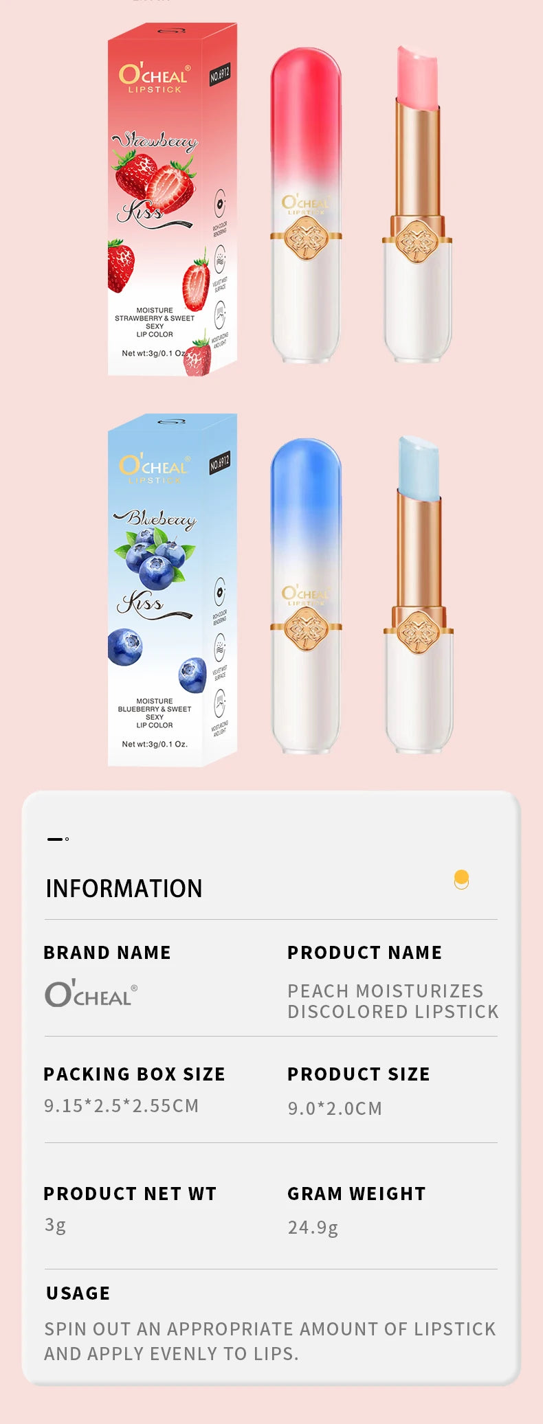O'CHEAL Color Fruit Lipstick Peach Temperature Changing Lip balm Moisturizing Waterproof Long Lasting Moisturizes Lip Balm