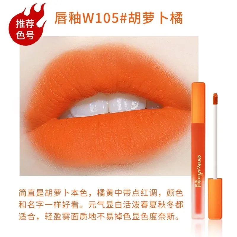 Bright Orange Color Lip Glaze Carrot Matte Velvet Liquid Lip Gloss Easy to Apply Lasting Lipstick Korea Lips Makeup Cosmetics