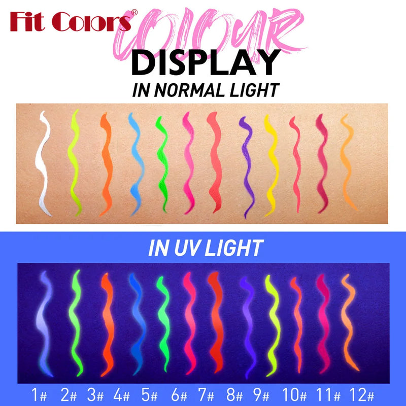 Fit Colors 12pcs/set colorful liquid UV waterproof Fluorescent Eyeliner Face Body Paint Pen long-lasting easy to remove