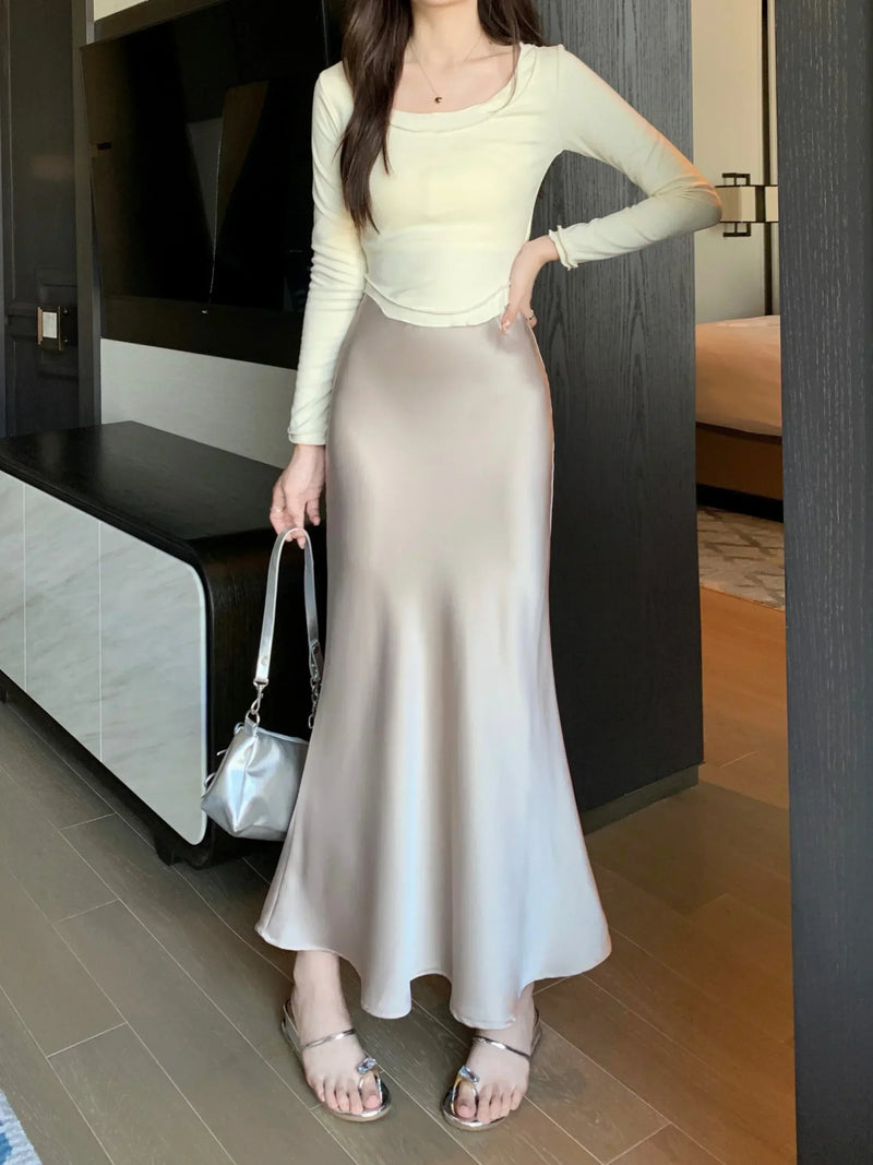 Women's Long Skirt Spring Summer Satin Silk A-line Skirt High Waist Ladies Korean Fashion Solid Pink Fishtail Skirts for Women