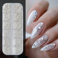 12Grids Ocean Gold Nail Art Charms Shell/Seahorse/Starfish White Half Round Pearl Gems 3D Mixed Punk Manicure Metal Rivets Studs