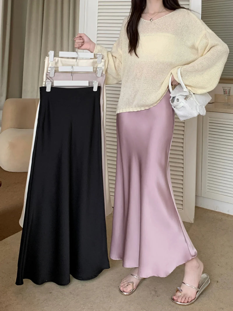 Women's Long Skirt Spring Summer Satin Silk A-line Skirt High Waist Ladies Korean Fashion Solid Pink Fishtail Skirts for Women