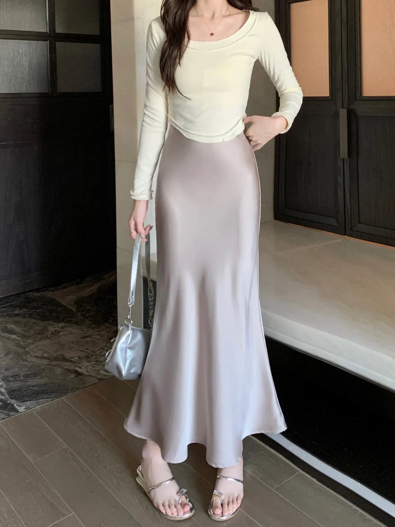 Women's Long Skirt Spring Summer Satin Silk A-line Skirt High Waist Ladies Korean Fashion Solid Pink Fishtail Skirts for Women