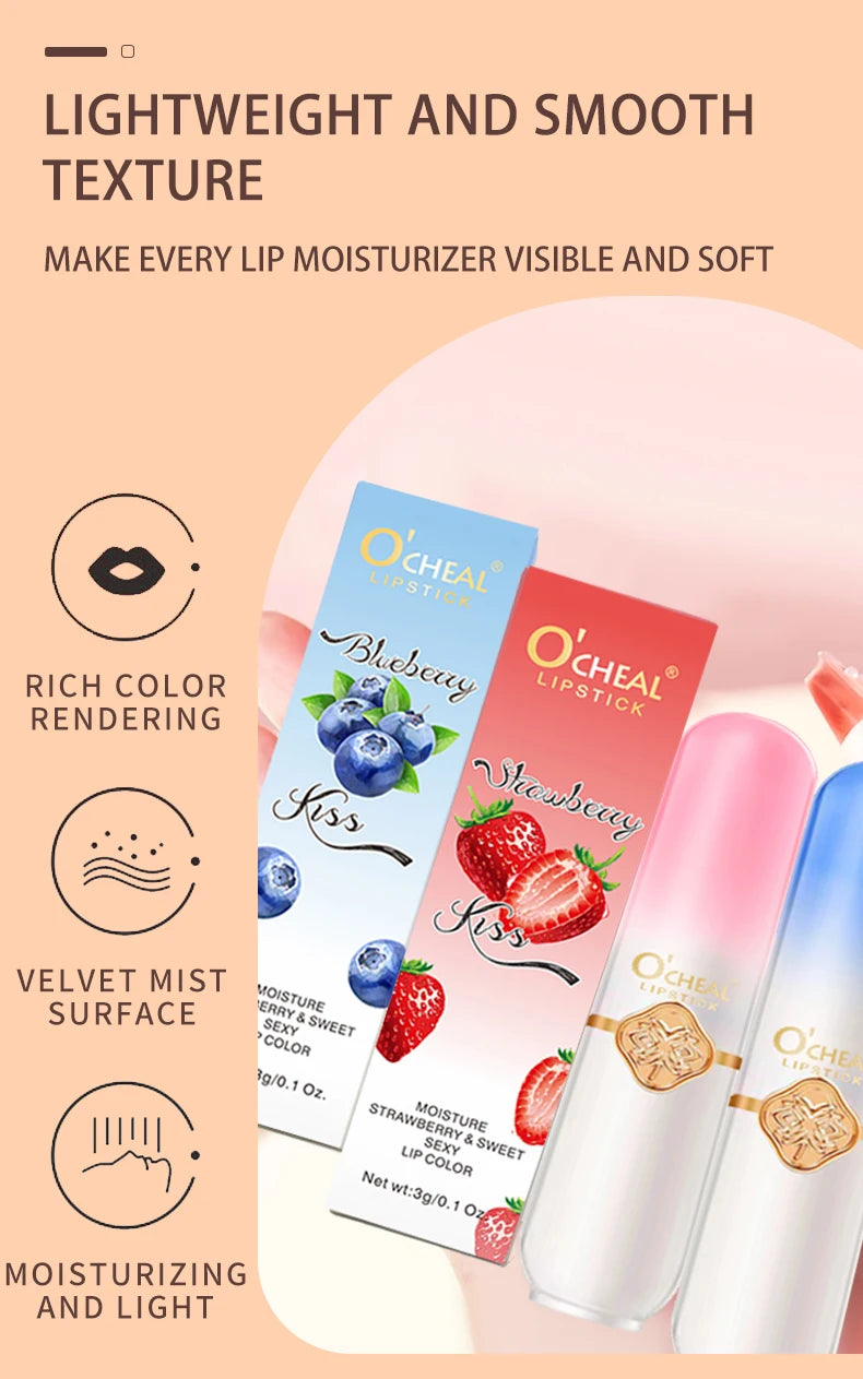O'CHEAL Color Fruit Lipstick Peach Temperature Changing Lip balm Moisturizing Waterproof Long Lasting Moisturizes Lip Balm