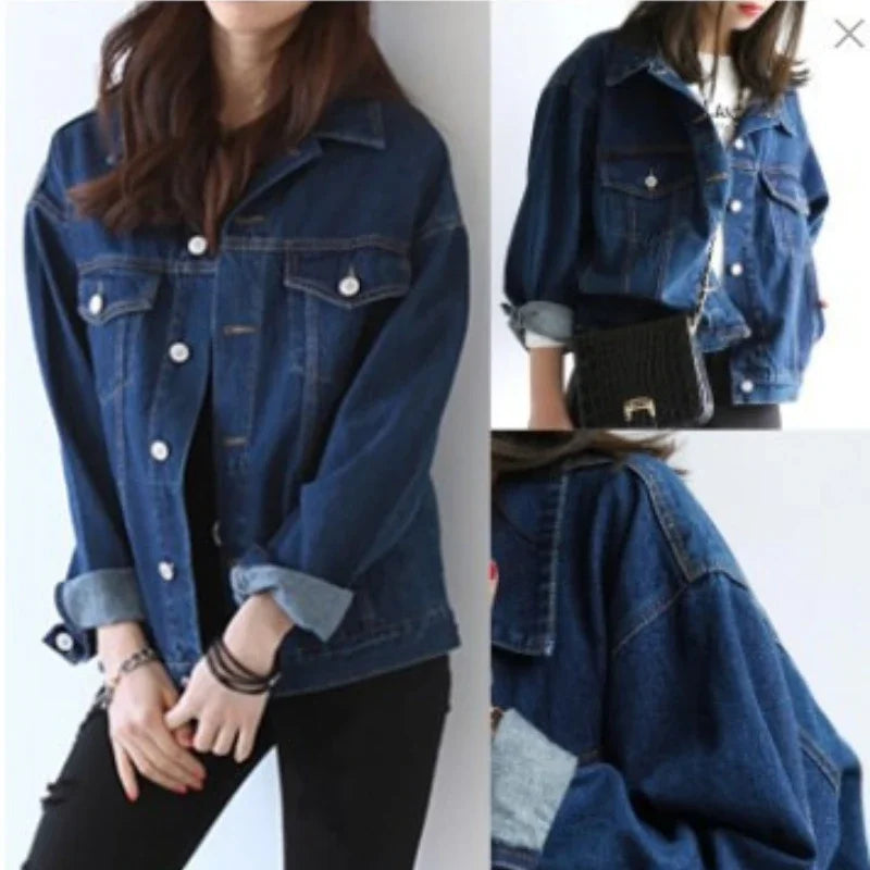 Autumn Korean Denim Coat for Women Loose BF Style Short Coats Style Casual Turndown Collar Cotton Blue Jean Jacket for Women