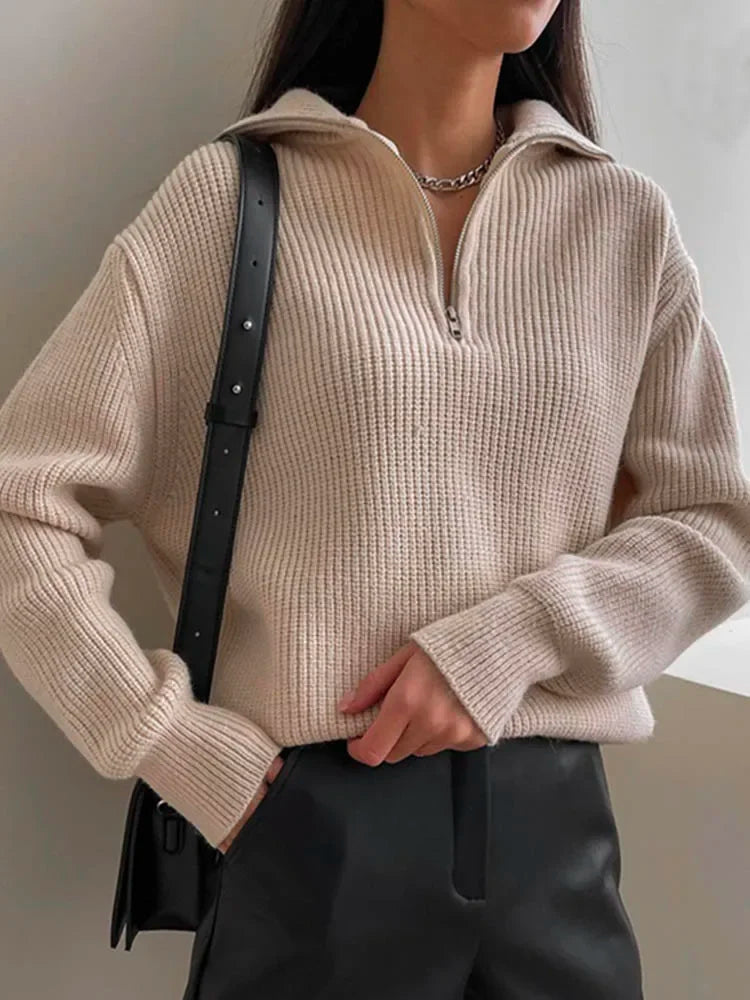 Women's Turtleneck Zippers Fashion Women Sweaters Solid Loose Pullover Long Sleeve Casual Knitted Sweater Woman Winter 2024