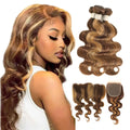 P4/27 Highlight Human Hair Body Wave Bundles With HD Lace Closure And Frontal Unprocessed Virgin Brazilian 3/4 Bundles And Front