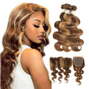 P4/27 Highlight Human Hair Body Wave Bundles With HD Lace Closure And Frontal Unprocessed Virgin Brazilian 3/4 Bundles And Front