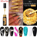 LILYCUTE 8pcs 5ML Metal Painting Reflective Glitter Liner Gel Nail Polish Sparkling French Line Gel Semi Permanent Nail Art