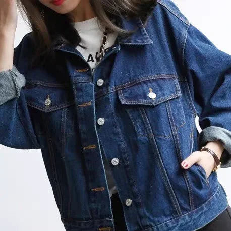 Autumn Korean Denim Coat for Women Loose BF Style Short Coats Style Casual Turndown Collar Cotton Blue Jean Jacket for Women