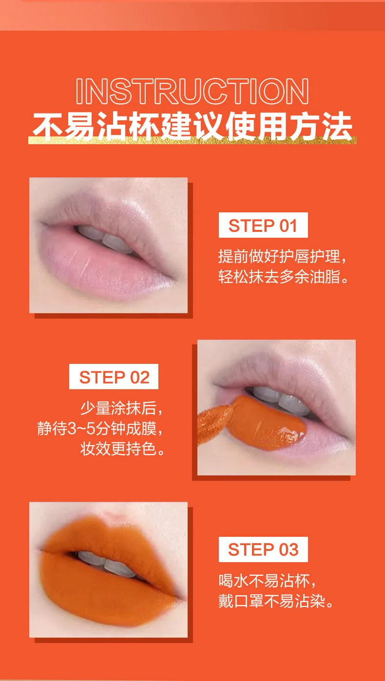 Bright Orange Color Lip Glaze Carrot Matte Velvet Liquid Lip Gloss Easy to Apply Lasting Lipstick Korea Lips Makeup Cosmetics