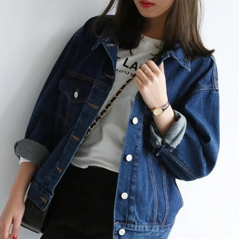 Autumn Korean Denim Coat for Women Loose BF Style Short Coats Style Casual Turndown Collar Cotton Blue Jean Jacket for Women