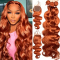 Ginger Color Body Wave Bundles Human Hair with Closure #350 Brown Human Hair Body Wave 3/4 Bundles with Frontal Human Hair Bundl