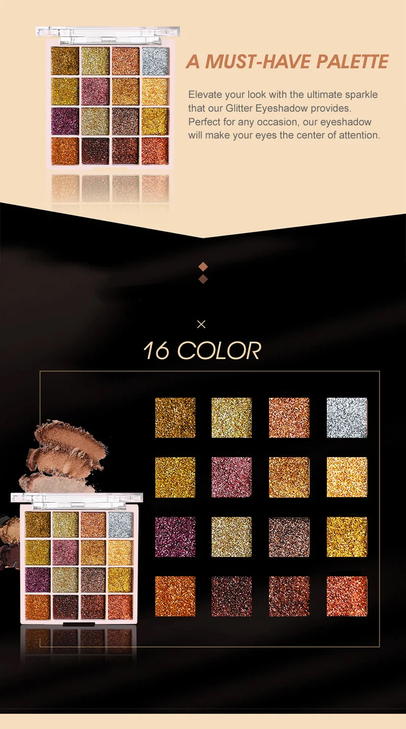 16 Colors Glitter Eyeshadow Palette Shimmer Multicolor Golden Color Sparkle Sequin Finish Body Face Makeup Stage Party Makeup