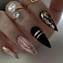 24Pcs Black Y2k Fake Nails with Diamond Halloween Long Almond False Nail Butterfly Design Wearable Oval Press on Nails Tips