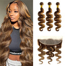 Highlight Bundles With Closure Frontal Brazilian Body Wave Ombre Blonde Human Hair Tissage Bundle With 13x4 Frontal P4/27 Color