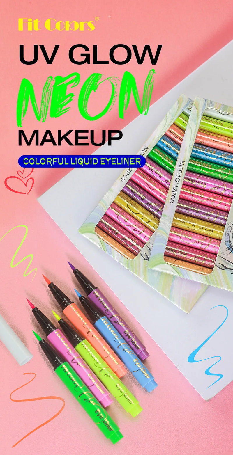Fit Colors 12pcs/set colorful liquid UV waterproof Fluorescent Eyeliner Face Body Paint Pen long-lasting easy to remove