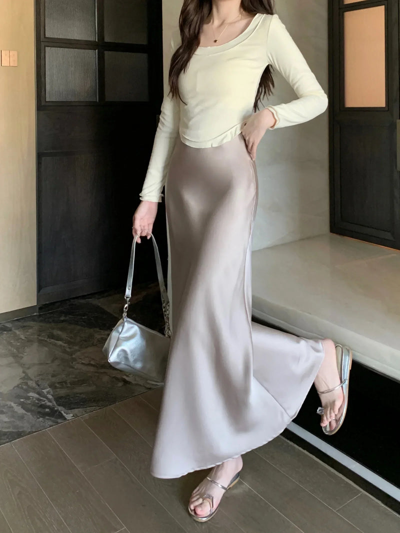 Women's Long Skirt Spring Summer Satin Silk A-line Skirt High Waist Ladies Korean Fashion Solid Pink Fishtail Skirts for Women