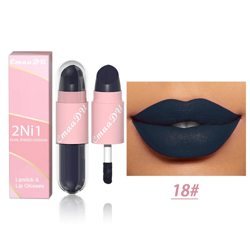 18 Colors 2 in 1 Matte Lipstick Liquid Purple Lip Glaze Double Head Lip Makeup Lasting Waterproof Velvet Sexy Dark Red Lipsticks