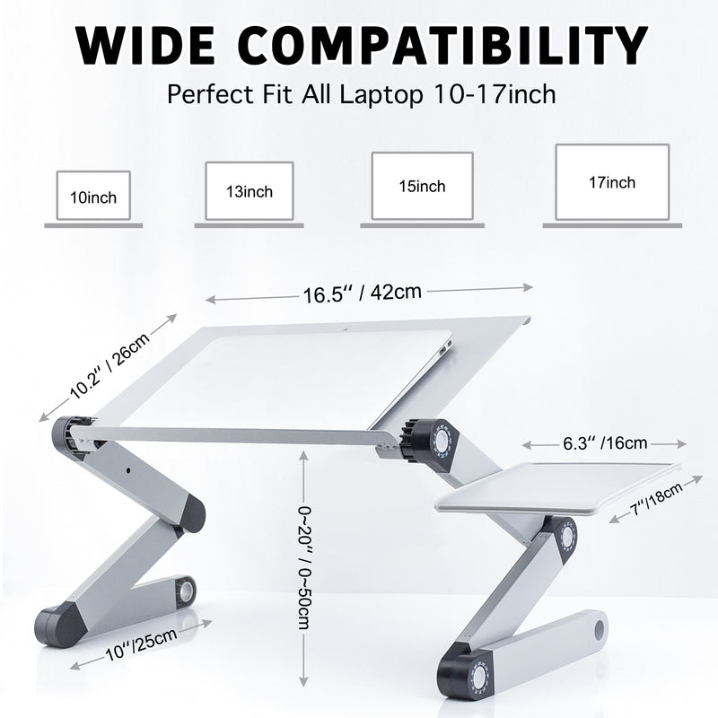 Adjustable Laptop Stand, Laptop Desk with 2 CPU Cooling USB Fans for Bed Aluminum Lap Workstation Desk with Mouse Pad, Foldable Cook Book Stand Notebook Holder Sofa